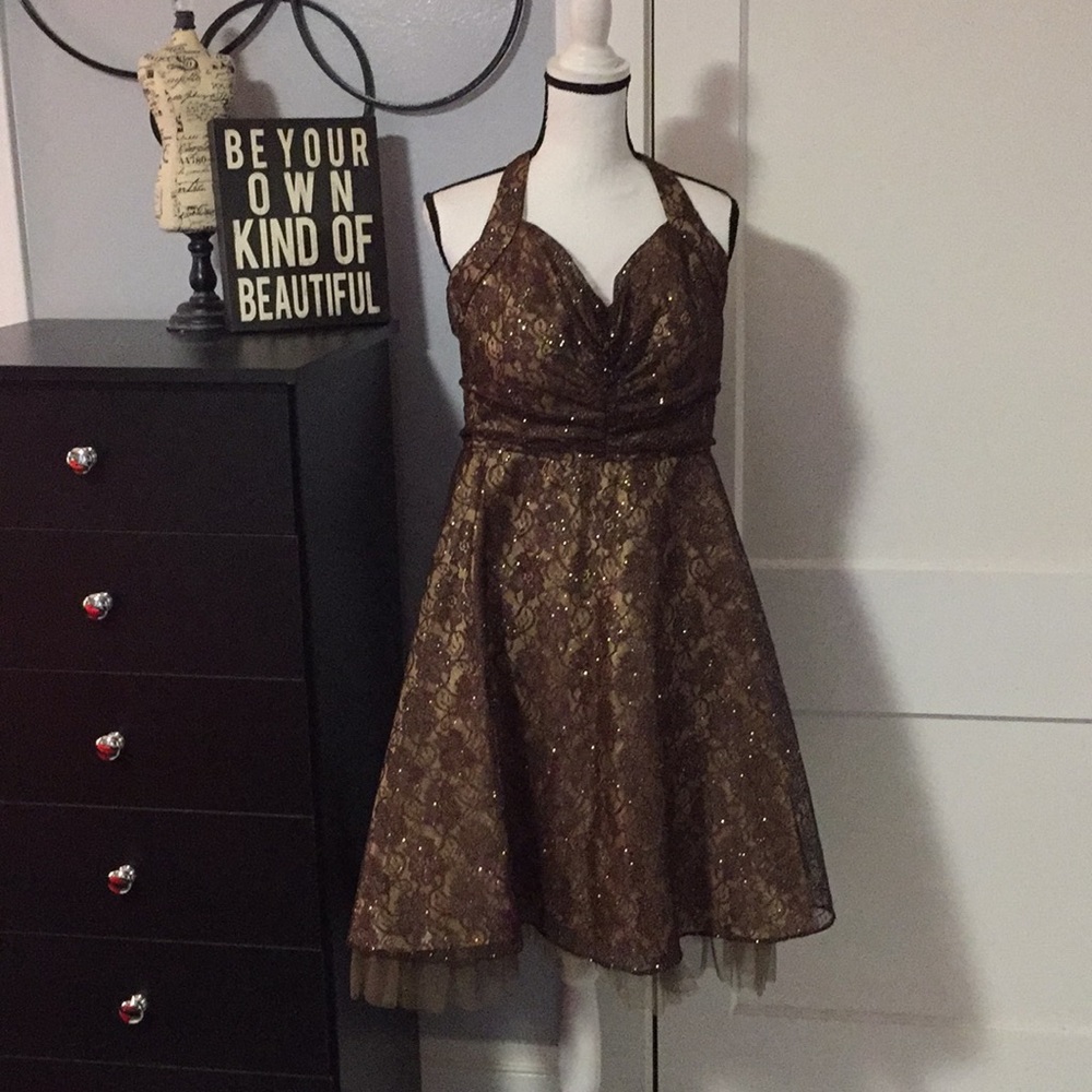 Brown Gold Lace Halter Dress Sz 16